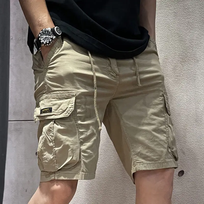 Half Men\'s Cargo Shorts with Draw String Solid Khaki Strech Front Pocket Big and Tall Luxury Nylon Wide Male Bermuda Short Pants