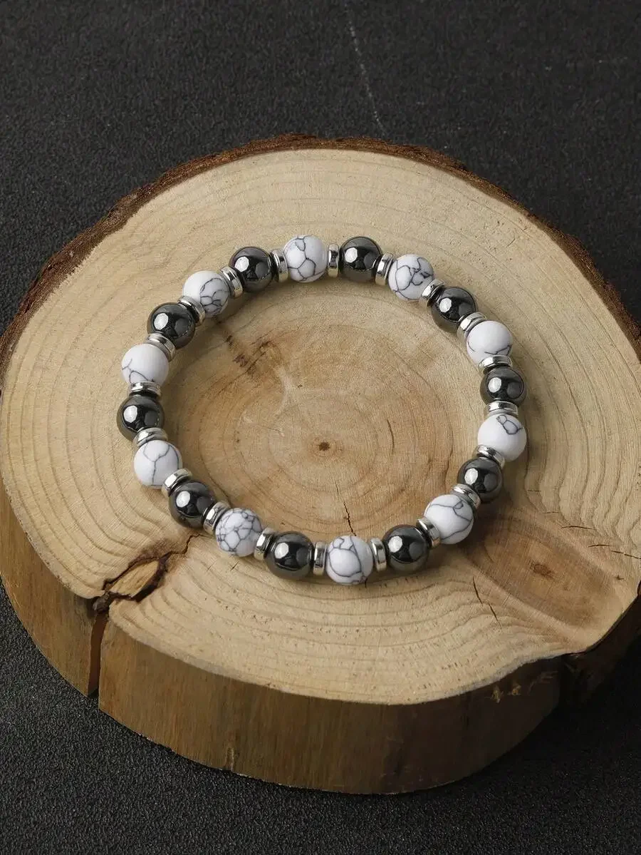 YAUKIA 8mm White Turquoise Hematite Energy Protection Bracelet Healing Meditation New Beginnings Good Luck Bracelets For Men Wom