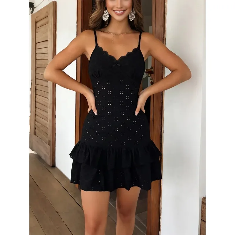 

Черная вязаная кружевная мини-футболка с рюшами и бантом, открывающим спину, летнее платье с вырезами, женское вязаное платье-халтер.