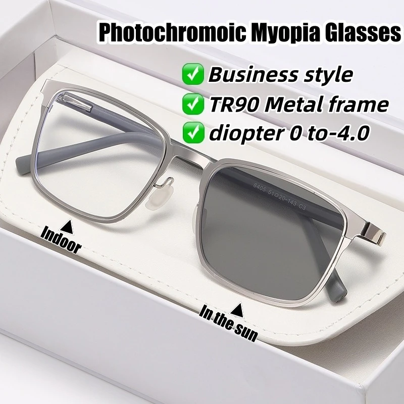 

Fashion Business Ultra-light TR90 Temple Men Photochromic Myopia Glasses Square Eyewear Prescription Lens with Diopter 0 To -4.0