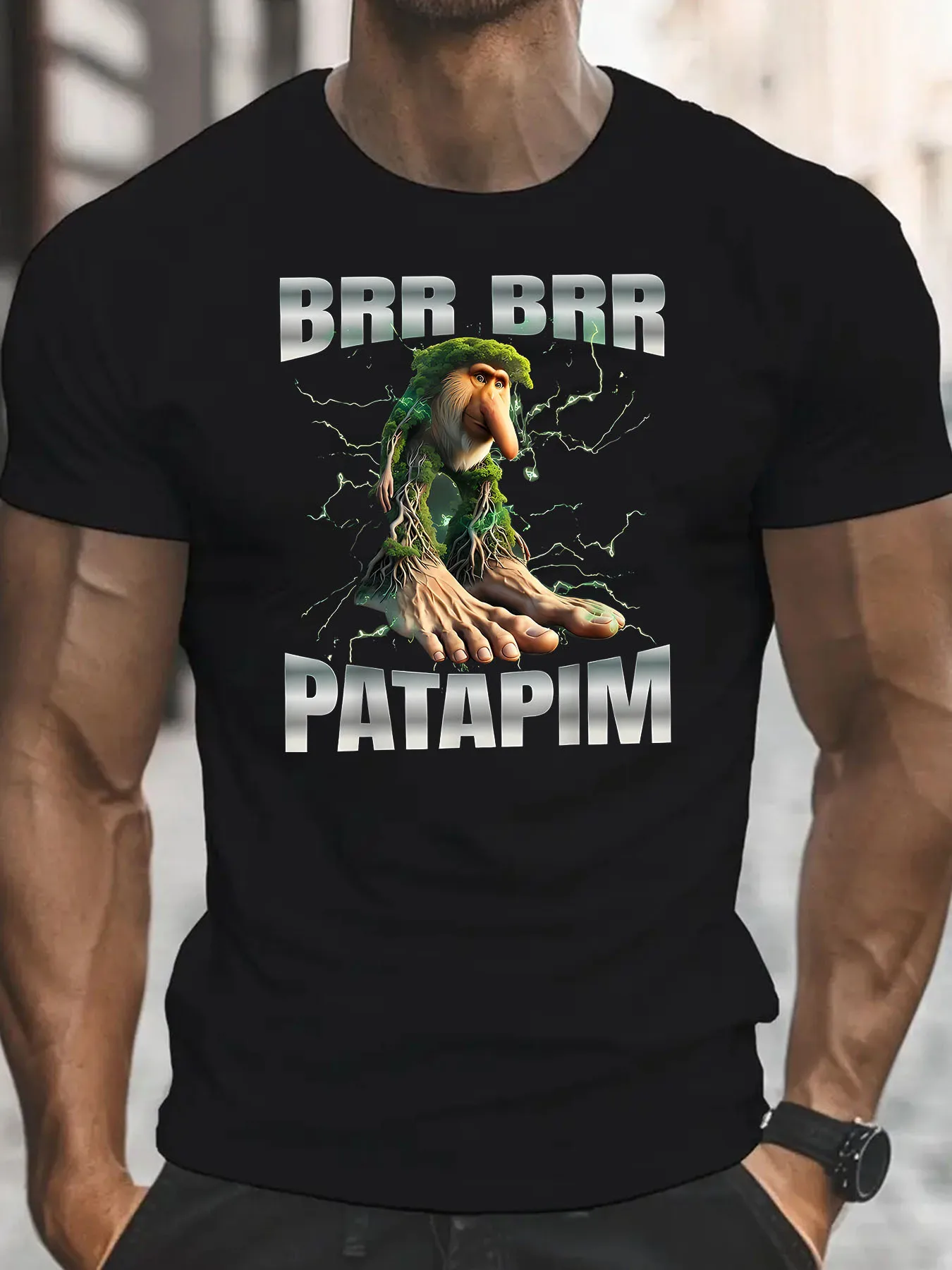 

Brr Brr Patapim Men's Humorous Pop Culture Graphic T-Shirt - Retro Cartoon Design, Black Round Neck Short Sleeve