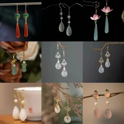 Ethnic Chinese Jade Earrings for Women Vintage Auspicious Cloud Pattern Water Drop Pendant Elegant Jewelry Hanfu Accessory Clip