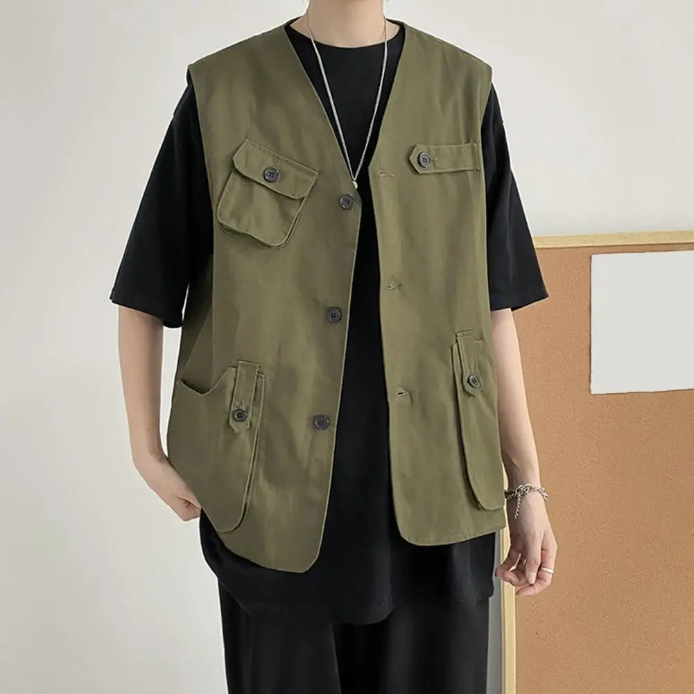 

Versatile Men Cargo Vest Sports Vest Coat Men's Collarless Sleeveless Cargo Waistcoat with Multi Pockets Buttons for Thin