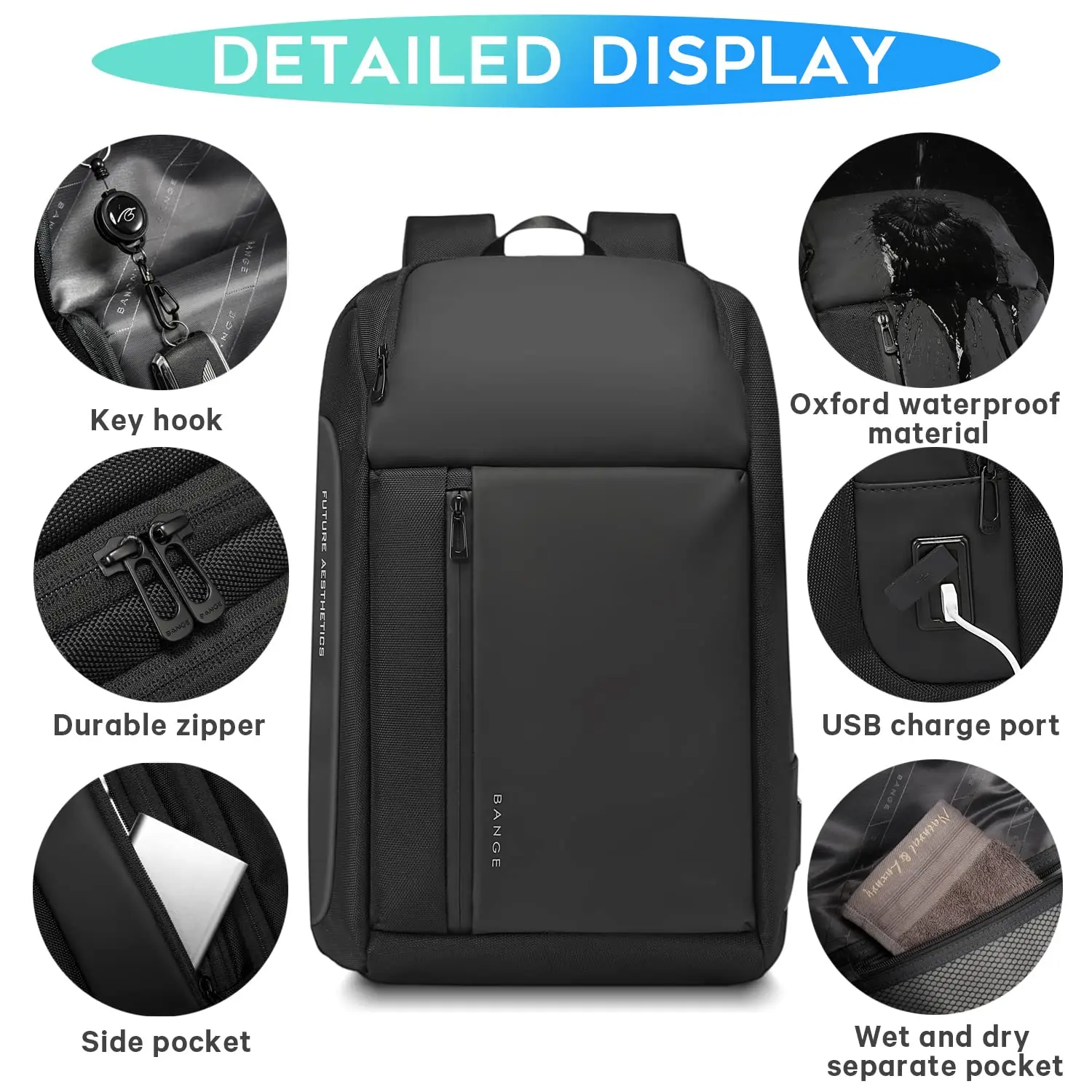 بانج مقاوم للماء رجل على ظهره متعدد الوظائف يناسب 15.6 بوصة حقيبة لابتوب جيوب متعددة الطبقات حقيبة المدرسة مع إعادة شحن USB
