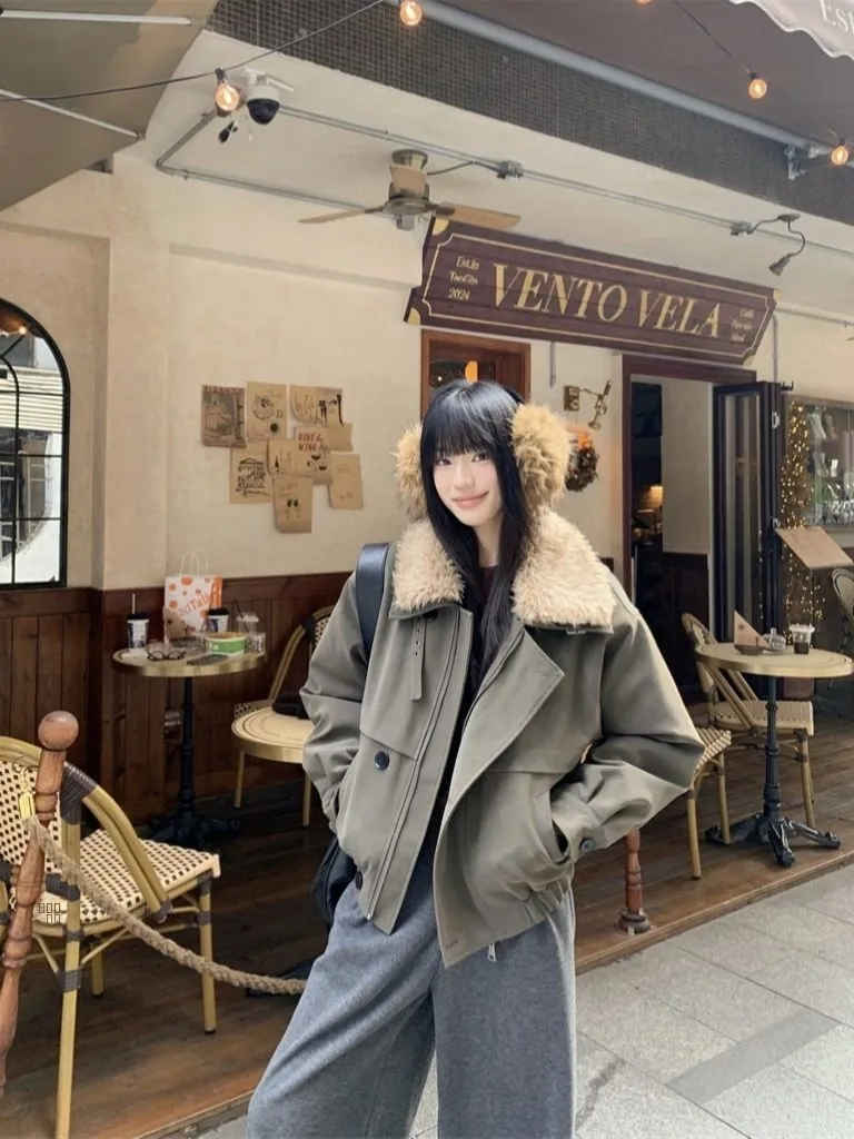 

Ретро-куртка с меховым воротником, коричневая, хлопковая, женская, осенне-зимняя, рабочая, свободного кроя, стройнящая, повседневная верхняя одежда на молнии