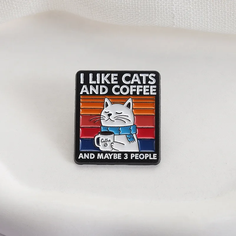 Creative Cartoon Coffee Cat Enamel Pins Fun Animal Striped Cat Tarot Card Brooches Lapel Badge Jewelry Gifts for Friends