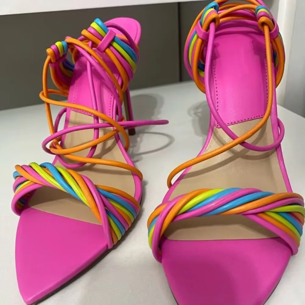 Colorful Summer Lace-Up Stiletto Heeled Sandals Pointed Toe Design Rainbow Twisted Strap Detail Wrap Around Cross Strap Footwear