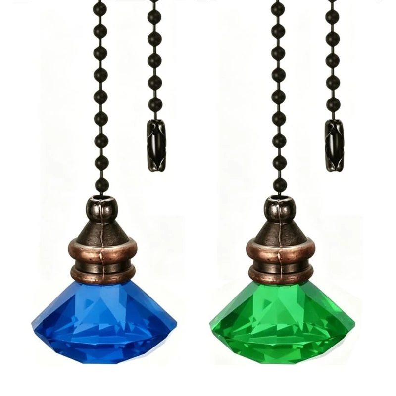 Ceiling Fan Pull Chain Set Decorative Light Pull Chain Replacement, 2 Piece Blue and Green Faceted Pulls with Metal Chain A0KF