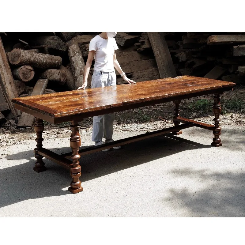 Retro long table old floor weathered surface solid wood dining table