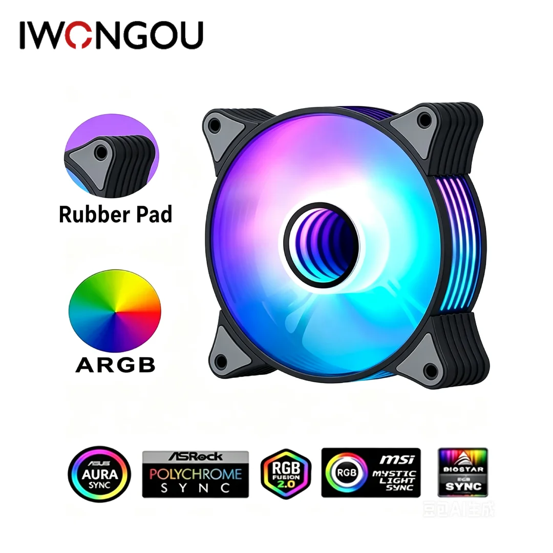 IWONGOU 120mm ARGB PC Case Fan Rubber Shock Absorbing Pad PWM Low Noise Cooler Aura Sync Mystic Light Polychrome Sync Black