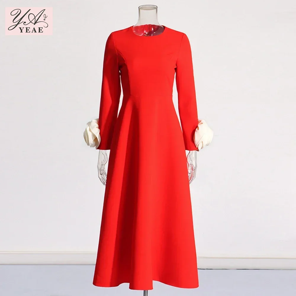 2024 New Summer Women's A-line Long sleeved Mosaic Midi Dress Design Fashion 3D Rose Red Black Elegant Sexy Party Dress