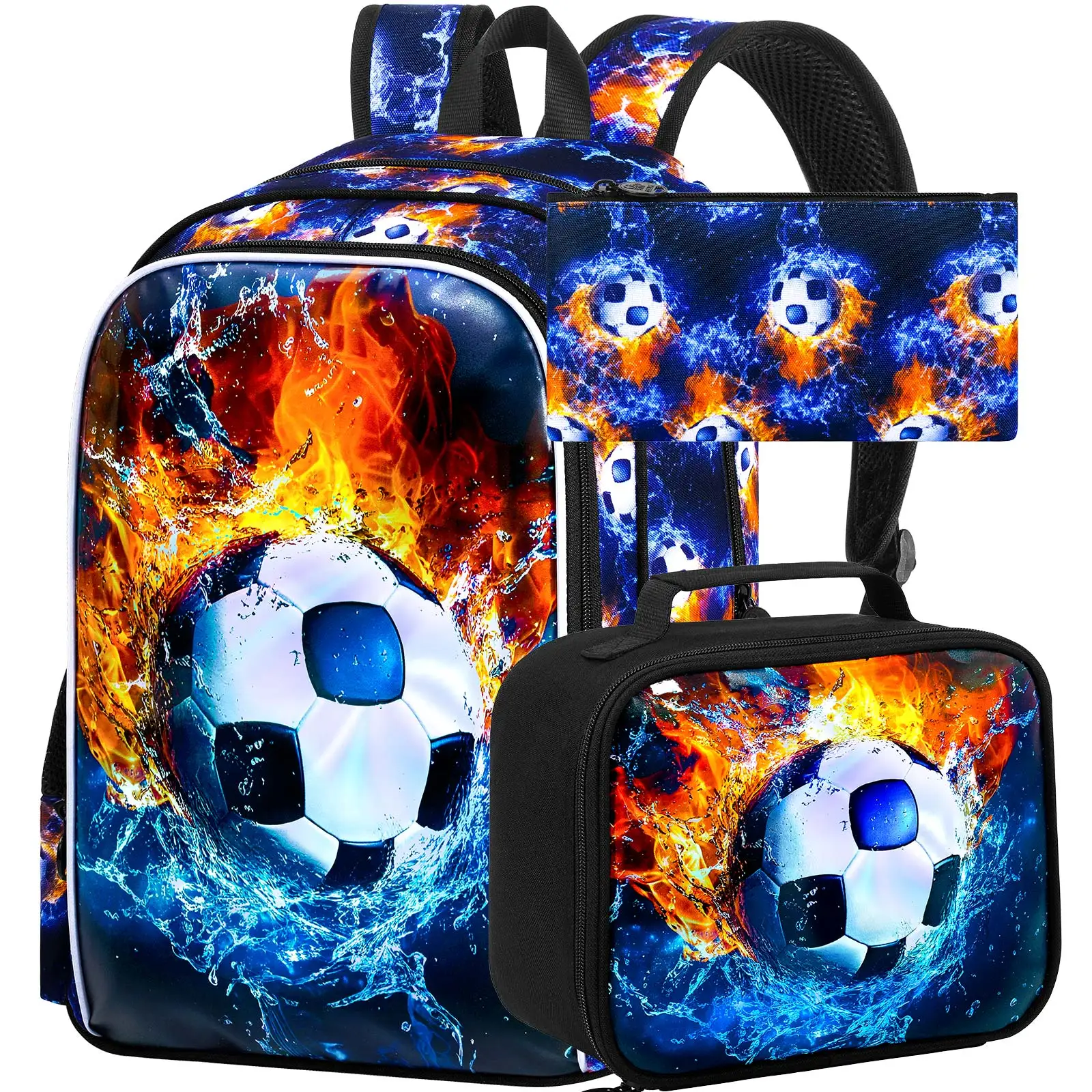 

3PCS Backpacks for Boys, 16" Kids Bookbag Water Resistant for Boy, Lightweight Backpack with Lunch Box -Water and Fire Football