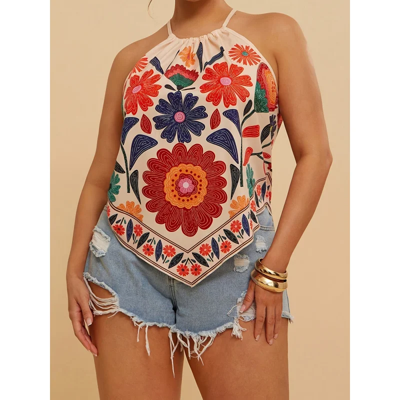Plus Size, Plus-size Floral Print Asymmetrical Hem Halter-neck Casual Vacation Vest