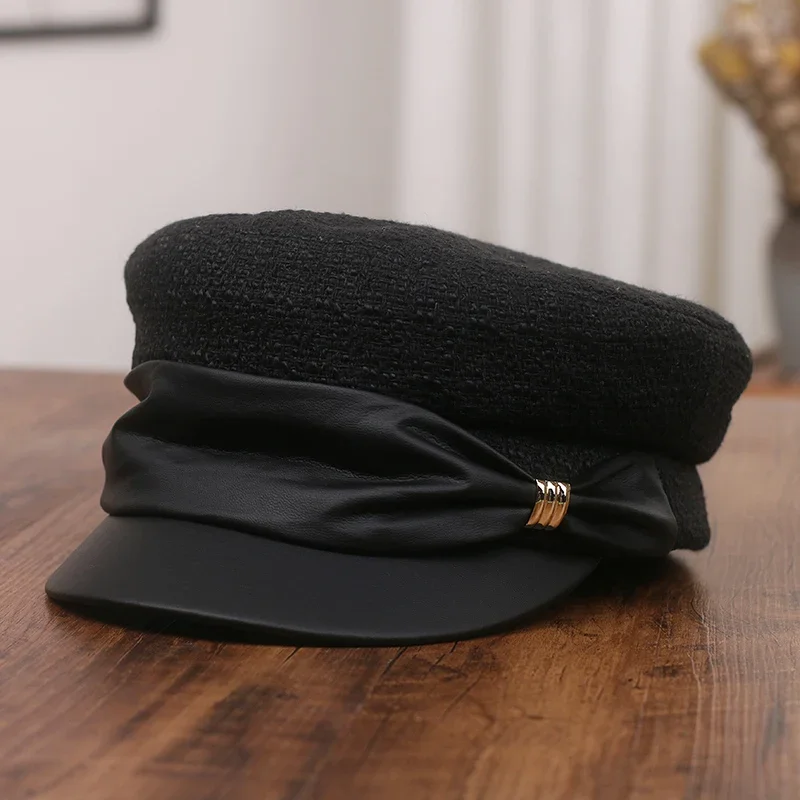 USPOP Brand Design New Women Fashion Tweed Newsboy Caps Autumn Winter Retro Woolen Patchwork Warm Caps with PU Bow