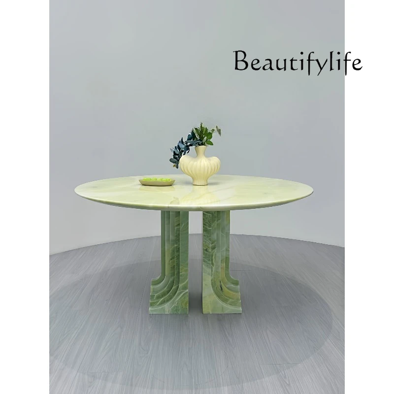 

Modern minimalist medieval wabi style designer green round dining table marble creative dining table