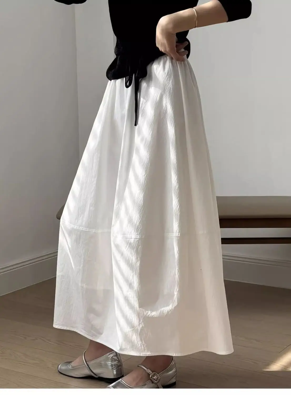 Spring Summer White Long Skirts for Woman Elegant Elastic High Waist Flared Umbrella Skirt Woman Casual Solid A-Line Maxi Skirt