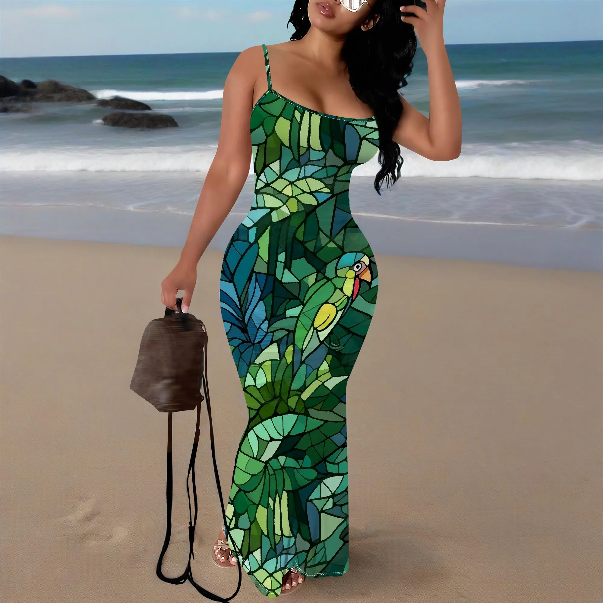 

Women's Tropical Leaf Bodycon Dress Spaghetti Strap Sleeveless Slim Fit Maxi Dress for Summer Beachwear Holiday XS-3XL