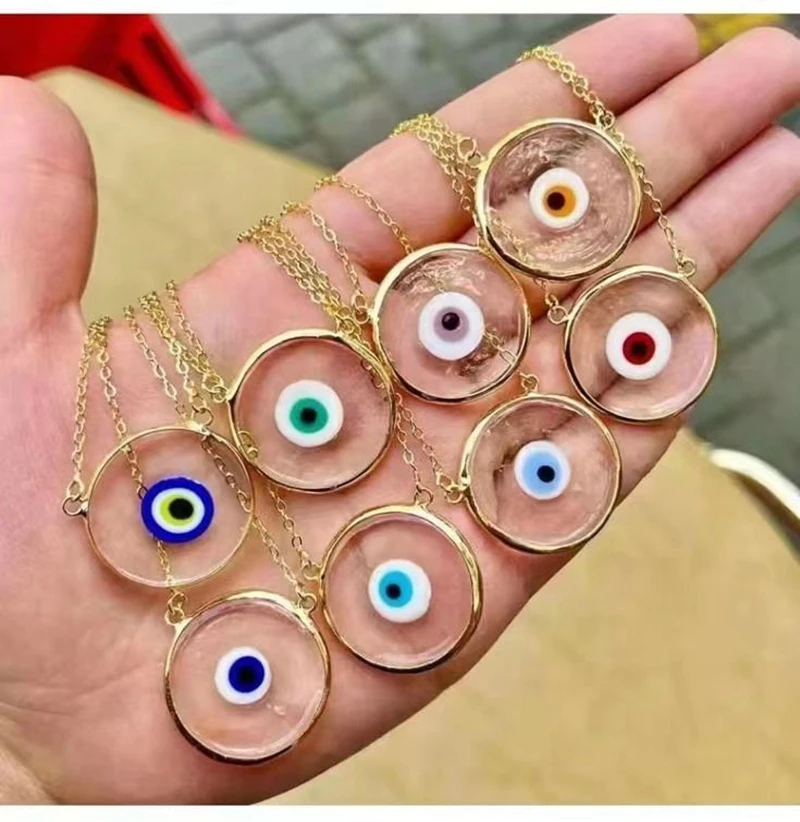 10Pcs Gold Überzog Türkische Glas Augen Runde Anhänger Charme Halskette 2023 Mode Evil Eye Glück Frauen Männer Halsketten