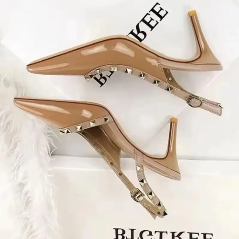 BIGTREE Shoes Women 7.5cm High Heels Lady Sexy Nightclub Pointed Toe Pumps Female Rivet Side Empty Pu Leather Eden Heels Shoes
