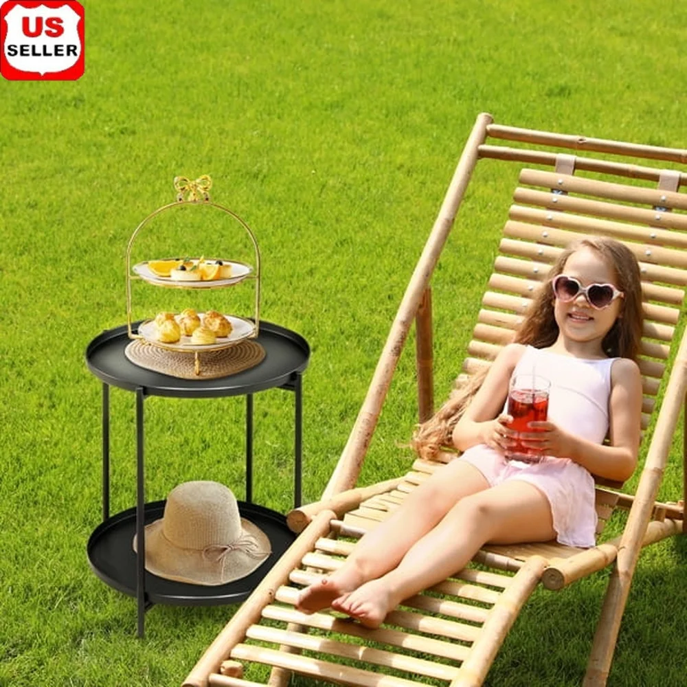 

2-Tier Metal Patio Side Table Removable Trays Adjustable Feet Waterproof Rust-Resistant Indoor Outdoor Lightweight Easy Assembly