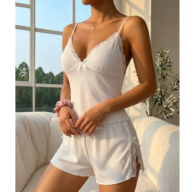 Women Ribbed Knit Cami Pajama Set Summer V Neck Lace Trim 2 Piece Shorts Sleepwear Comfort Home Nightwear Sweet Bow Loungewear