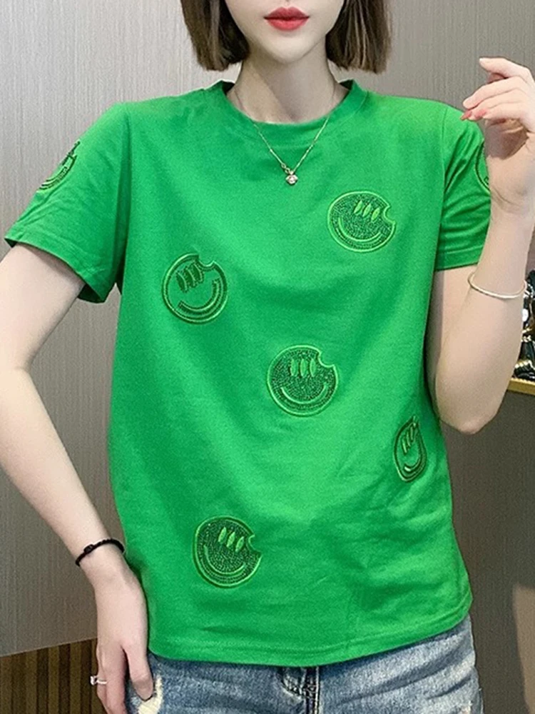 Heavy Industries Embroidered Short Sleeve Women's Summer New High Quality Smiling Face T-shirt Casual Versatile Green Top