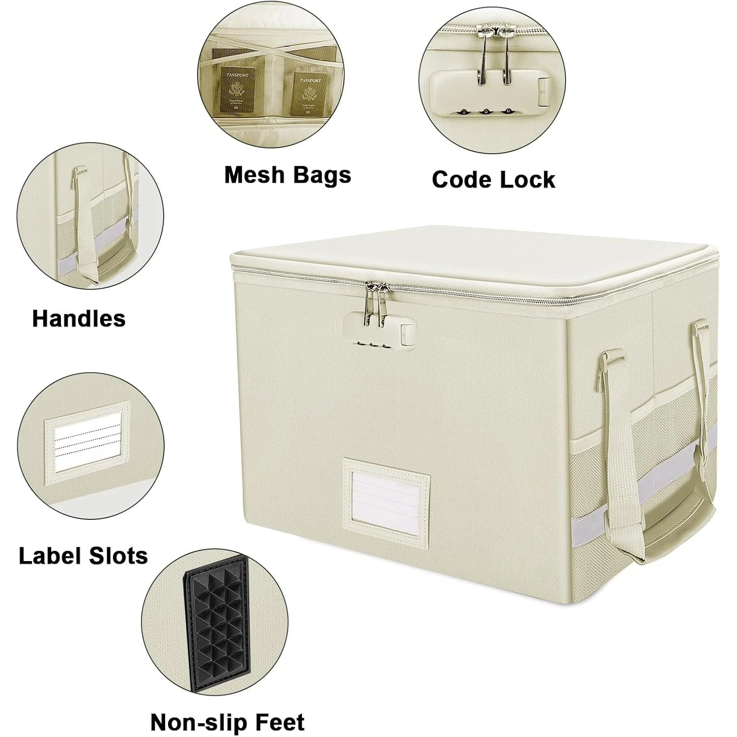 صندوق ملفات مع قفل، صندوق مستندات مقاوم للحريق مع غطاء بسحاب، خزانة حفظ الملفات القابلة للطي مع مقابض، بيج