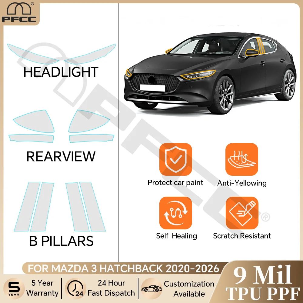 For Mazda 3 Hatchback 2020-2026 TPU Protection Film Car Headlight Rearview B Pillars Film Anti-scratch Clear Sticker Precut PPF