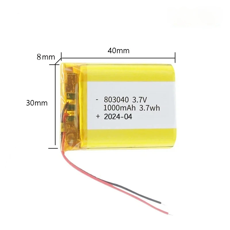 803040 3.7V 1000mAh Lithium Polymer Battery for MP3/4/5 DVD GPS VR DVR Player Navigator Speaker Electric Li-ion Tool+ph2.0 2pin