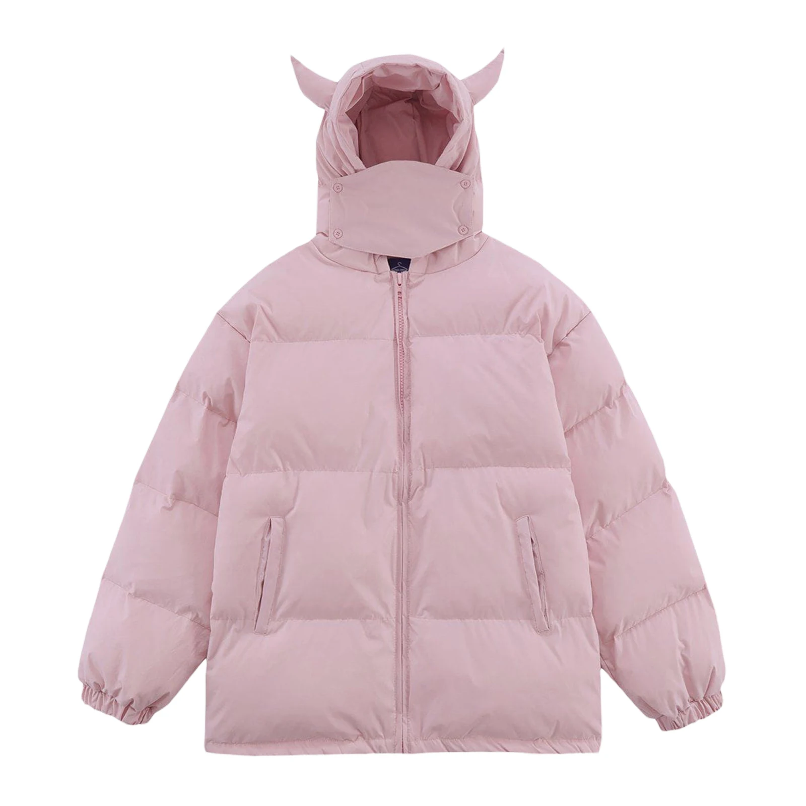 Women\'s Devil Horn Puffer Jacket Winter Warm Quilted Coat Long Sleeve Zip Up Outwear with Hood