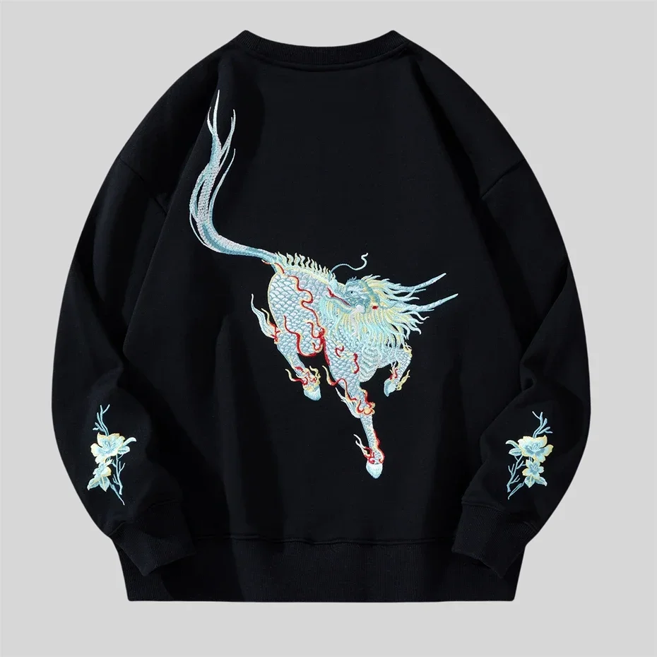 Vintage Ripped Sweatshirts Hip Hop Kirin Embroidery Punk Goth Pullover Streetwear Men Harajuku Fashion Long Sleeve Street Wear