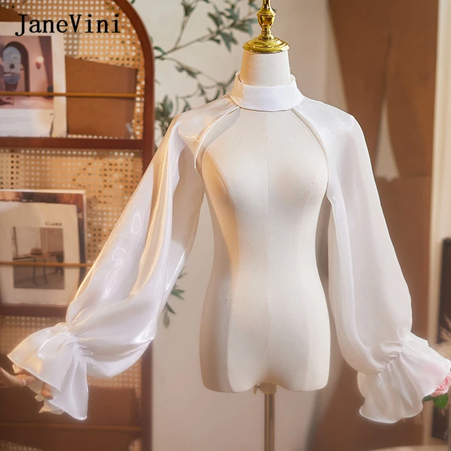 

JaneVini Elegant White Bridal Detachable Sleeves Jacket High Neck Puff Long Sleeve Wedding Shawl Cape Bolero Shrug Cover Arms
