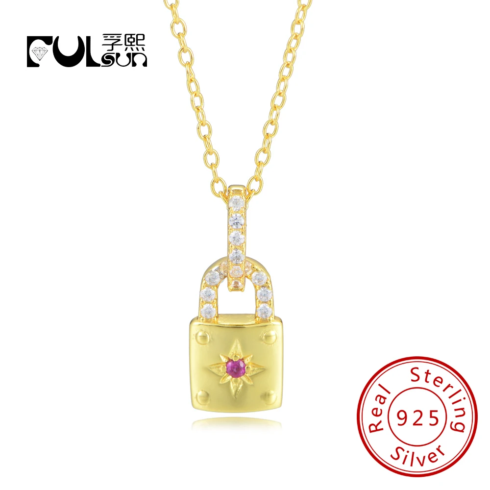 

Perso nality Cute Ruby Padlock Choker S925 Sterling Silver Jewelry Gold Plated Lock Pendant ZIRCON Necklace for Women Girls