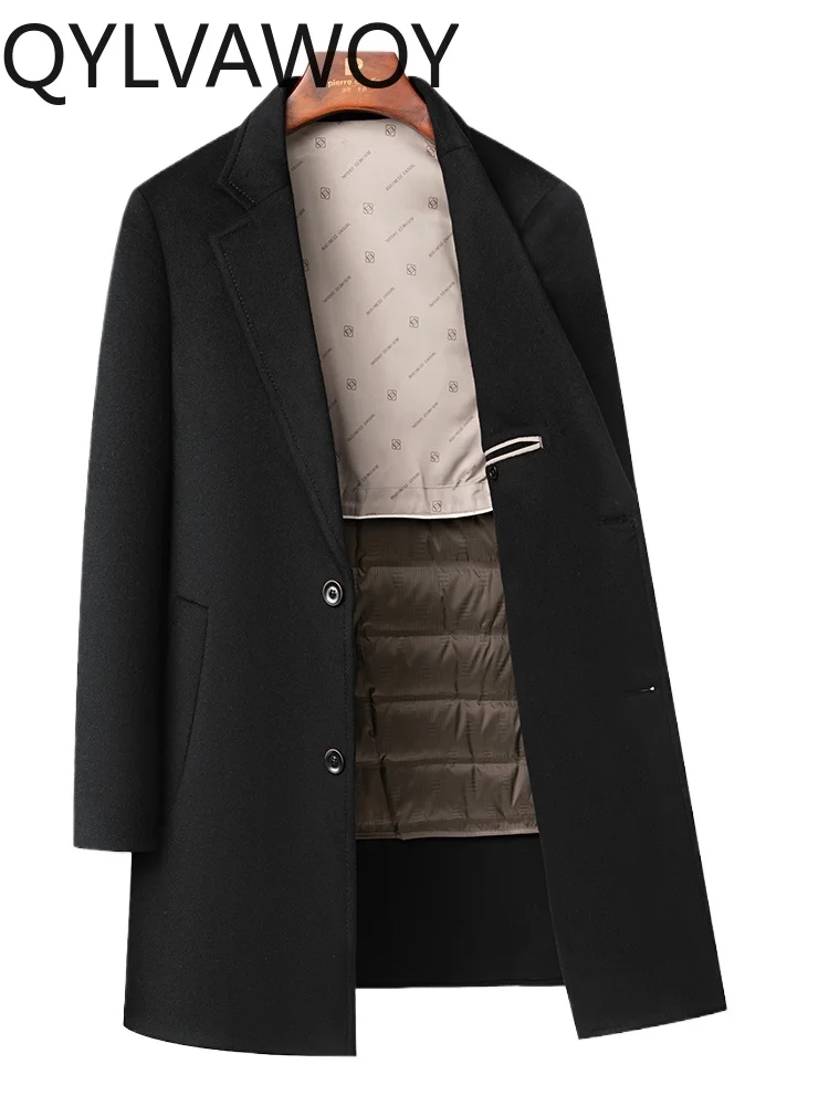 

QYLVAWOY 70% шерсть, съемный костюм с подкладкой на гусином пуху, шерстяное пальто с воротником, двусторонняя шерстяная верхняя одежда средней длины, наряд для папы LJ2595