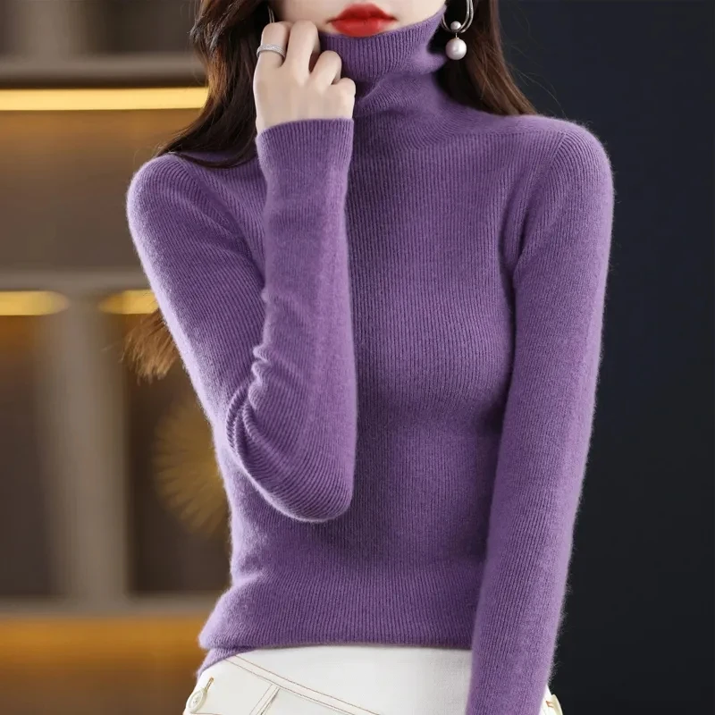Camisola de tricô gola alta para mulheres, mangas compridas, camisa de fundo de malha, roupas femininas, doces, 2023