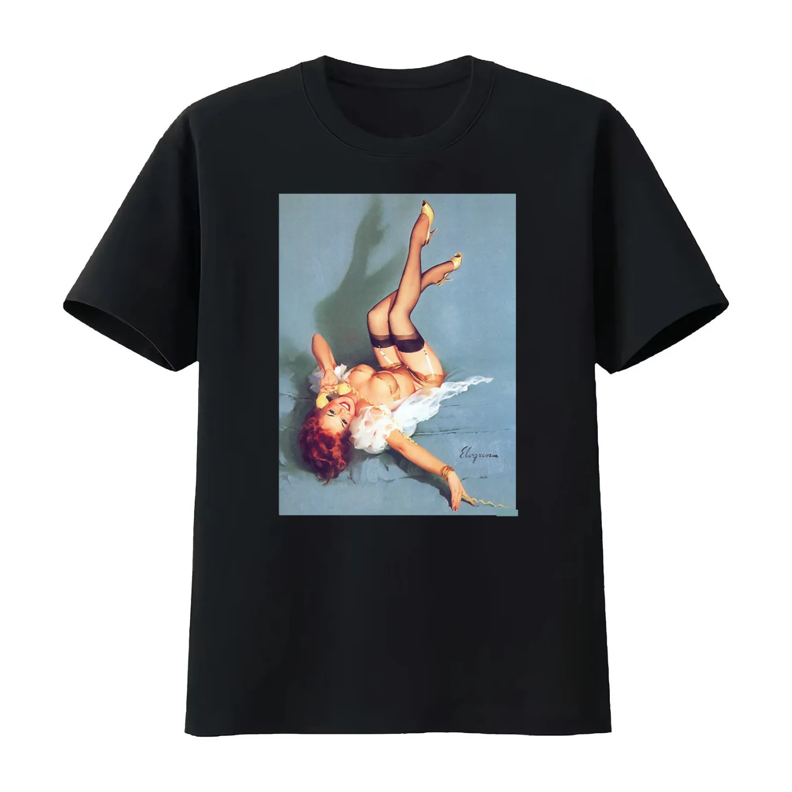Pin-Up Girl - Elvgren - Vintage T-Shirt Summer Casual Cotton Tee Oversized Streetwear Tops Vintage Graphic Print 100% Cotton