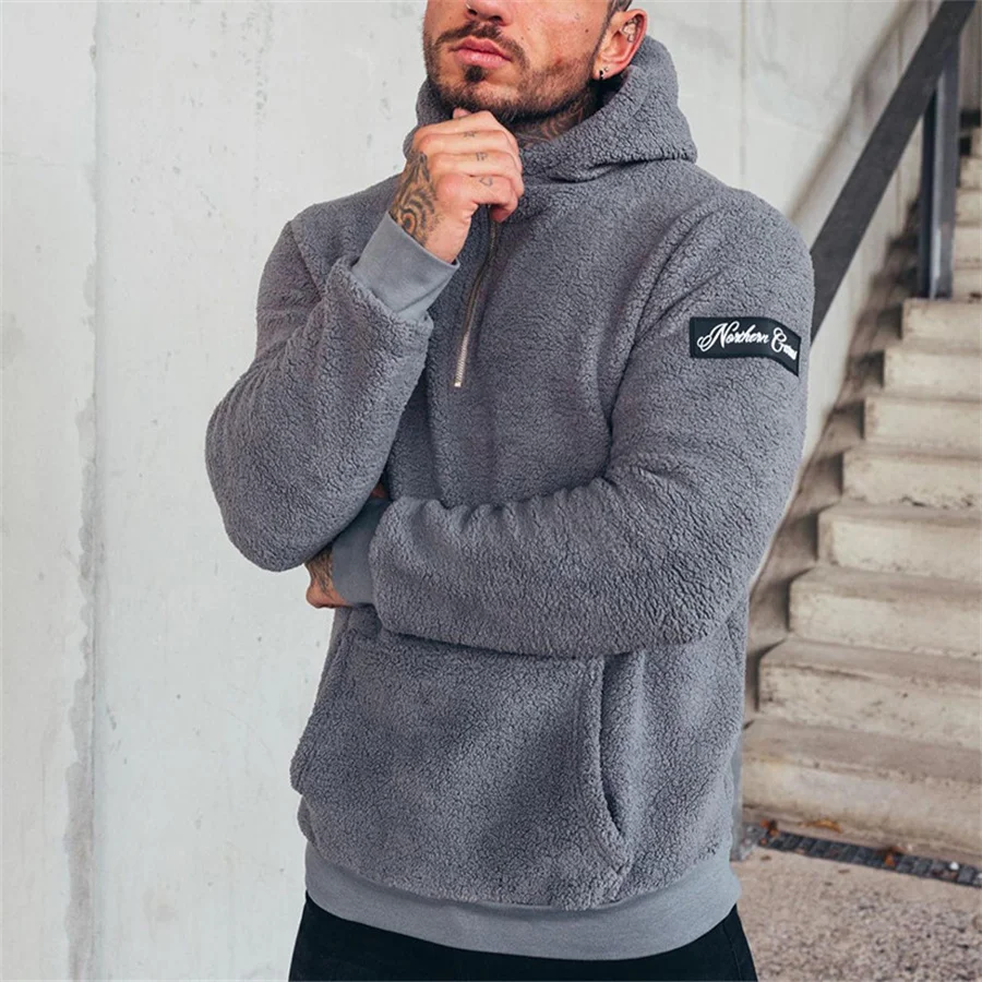 Autumn Winter Men's Thick Plush Hoodies Fashion Half Zip Loose Casual Hooded Tops Men Solid Sweatshirts Warm Coats Streetwear