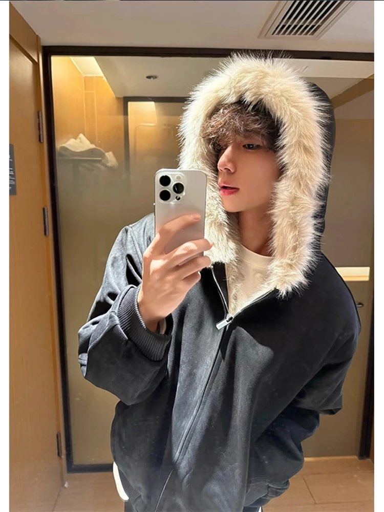 

Bla Thiened Winter Jaet Cotton Coat Men's Sle Hooded Parka American Couple Outerwear Stand Fit Youth Faion