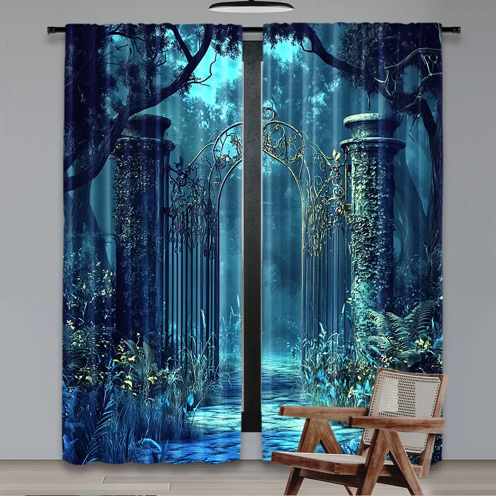 2Pcs Fantasy Nature Curtains Gothic Gate Fantasy Forest Magic Dreamland Landscape Suitable For Bedroom Bathroom Living Room