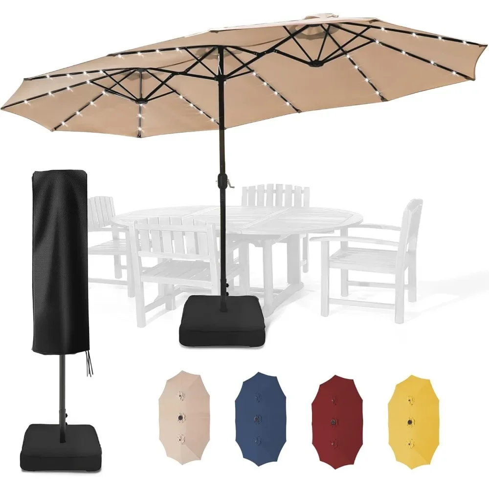 

Outdoor 40LED 15ft Large Patio Umbrellas with Base Included and Umbrella Cover, Outdoor Double-Sided Umbrella with Solar Lights