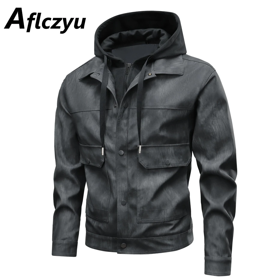 Vintage PU Jacket Men Motorcycle Biker PU Coat Fashion Casual Fake Two Jackets Spring Autumn Outerwear