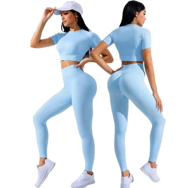 Seamless Knitted Short Sleeve Yoga Sets Women Tight Slim Tops Push Up Leggings 2 Pieces Gym Tracksuits Workout Fitness Clothing