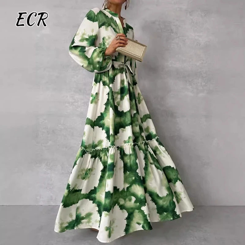 

ECR Elegant Hit Color Printing Dresses For Women Stand Collar Long Sleeve High Waist Patchwork Lace Up Loose Dress Female Style