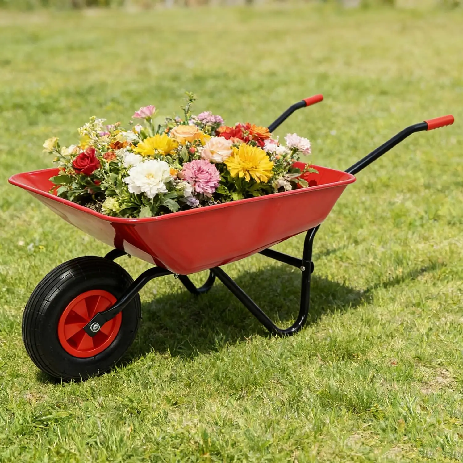 Heavy Duty Steel Wheelbarrow 12 Inch Pneumatic Tire Metal Garden Cart High Capacity Construction Landscaping Yard Work Rust Resi