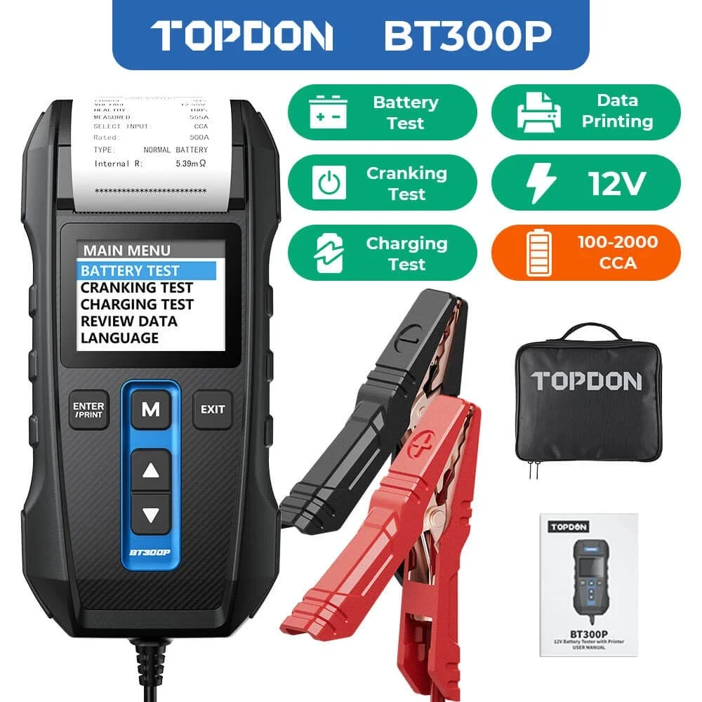 TOPDON BT300P Car Battery Tester 12V 24V Automotive Load Tester 100-2000 CCA with Built-in Printer, Cranking & Charging System Diagnostic Tool, AGM Gel EFB Flooded Battery Analyzer