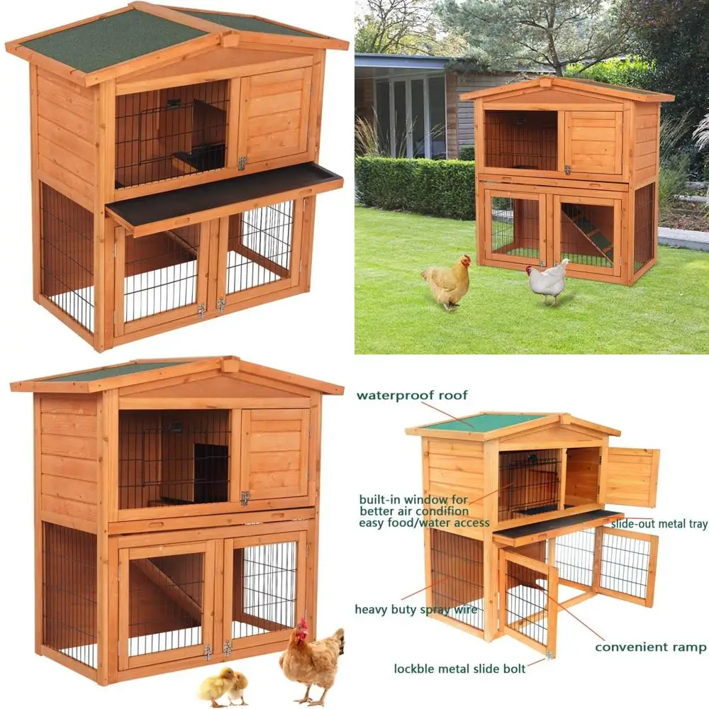 

Wooden Rabbit Hutch with Waterproof Roof, Ladder, Ramps, and Nesting Box for Rabbits and Chickens