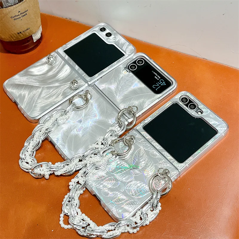 Casing ponsel daun berbulu perak untuk Samsung Galaxy Z Flip 3 Z Flip 4 Z Flip 5 casing pelindung belakang PC keras untuk ZFlip5
