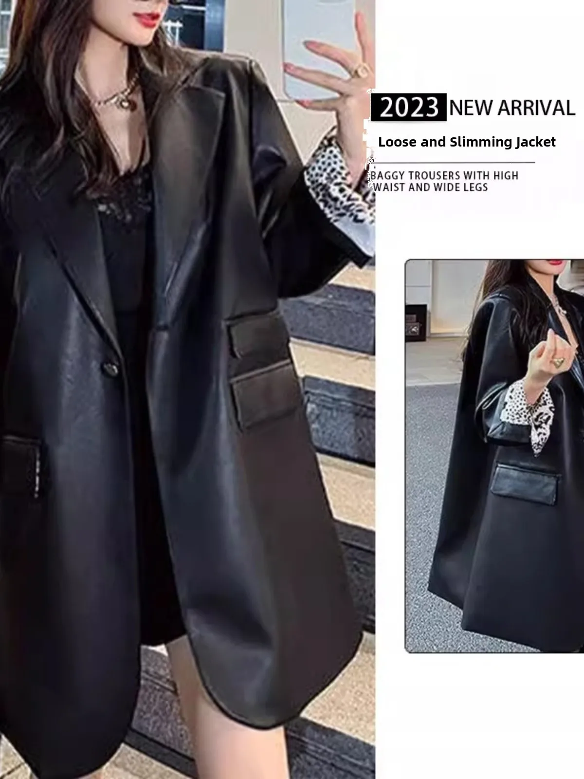 

Женский повседневный свободный пиджак больших размеров (до 300 фунтов), осенне-зимнее пальто из искусственной кожи в корейском стиле, средней длины, для работы и повседневной носки