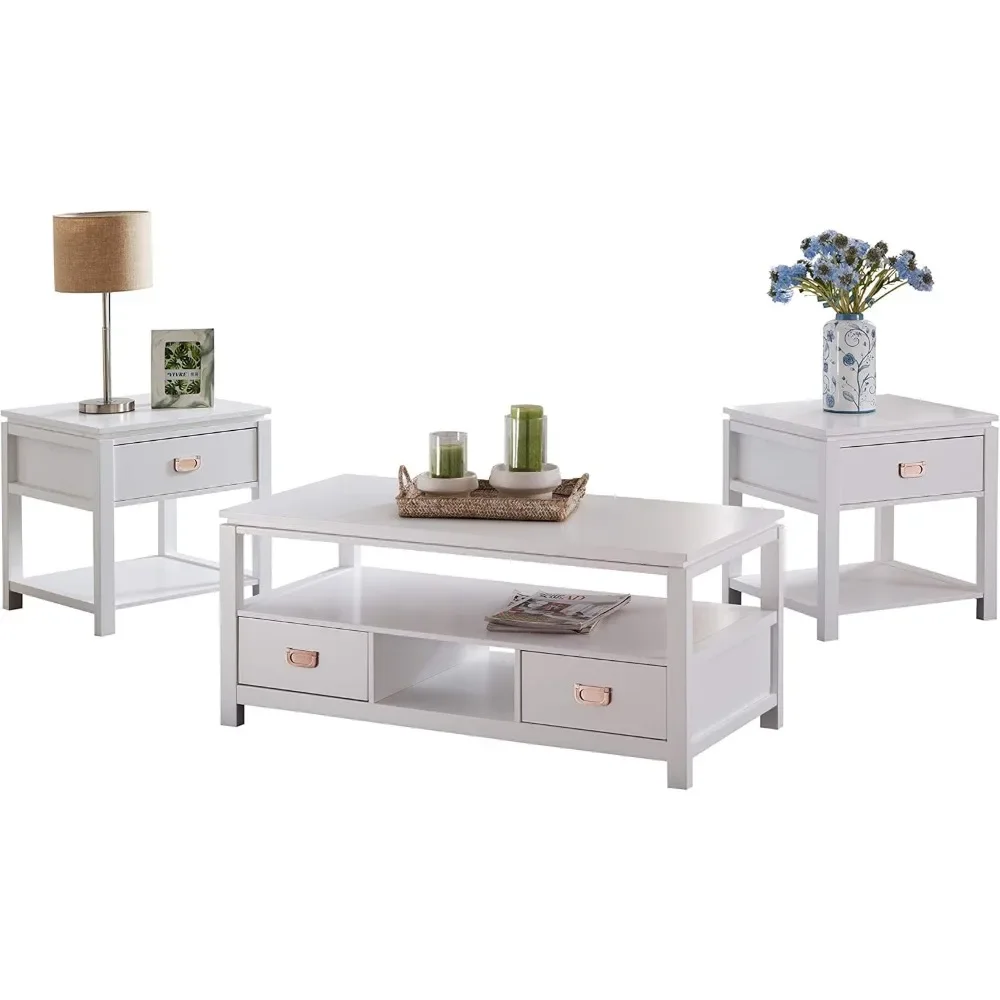 Willard 3 Piece White Finish Wood Storage Occasional Table Set, Coffee Table & 2 End Tables