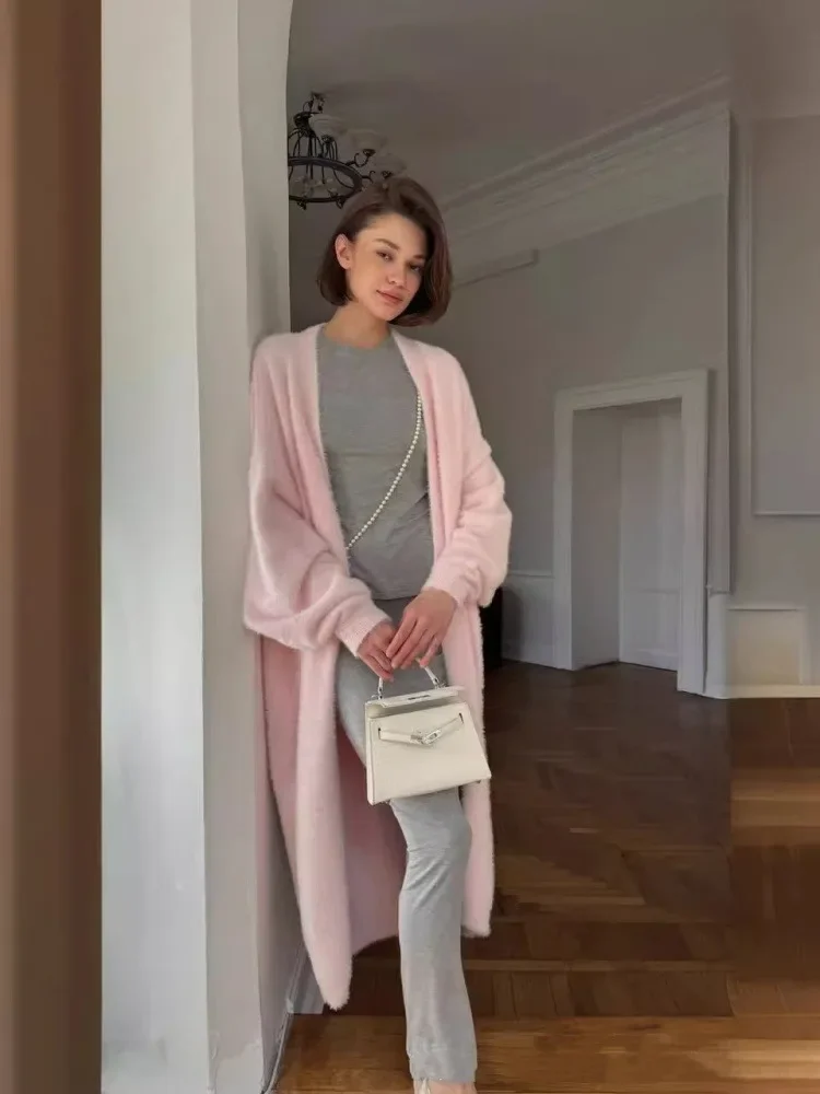 

Длинный кардиган оверсайз 2025 для женщин, осенний женский свитер с длинными рукавами, винтажный однотонный свободный вязаный кардиган, женский пушистый